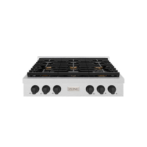 ZLINE Autograph 36" Paramount Gas Rangetop with 6 Burners and Porcelain Cooktop in DuraSnow® Stainless Steel with Matte Black Accents, SRTSZ-36-MB