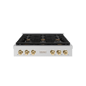 ZLINE Autograph 36" Paramount Gas Rangetop with 6 Burners and Porcelain Cooktop in Stainless Steel with Polished Gold Accents, SRTZ-36-G