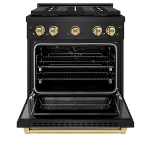 ZLINE Autograph 30" 4.2 cu. ft. Paramount Dual Fuel Range with 4 Burner DuoPro™ Cooktop and Electric Convection Oven in Black Stainless Steel and Champagne Bronze Accents, PSDRBZ-30-CB