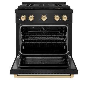 ZLINE Autograph 30" 4.2 cu. ft. Paramount Dual Fuel Range with 4 Burner DuoPro™ Cooktop and Electric Convection Oven in Black Stainless Steel and Polished Gold Accents, PSDRBZ-30-G