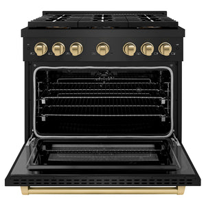 ZLINE Autograph 36" 5.2 cu. ft. Paramount Dual Fuel Range with 6 Burner DuoPro™ Cooktop and Electric Convection Oven in Black Stainless Steel and Champagne Bronze Accents, PSDRBZ-36-CB