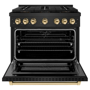 ZLINE Autograph 36" 5.2 cu. ft. Paramount Dual Fuel Range with 6 Burner DuoPro™ Cooktop and Electric Convection Oven in Black Stainless Steel and Polished Gold Accents, PSDRBZ-36-G