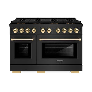 ZLINE Autograph 48" 6.7 cu. ft. Paramount Dual Fuel Range with 8 Burner DuoPro™ Cooktop and Dual Ovens in Black Stainless Steel and Polished Gold Accents, PSDRBZ-48-G