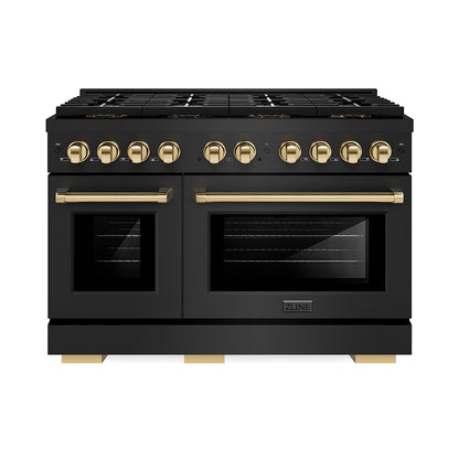 ZLINE Autograph 48" 6.7 cu. ft. Paramount Dual Fuel Range with 8 Burner DuoPro™ Cooktop and Dual Ovens in Black Stainless Steel and Polished Gold Accents, PSDRBZ-48-G