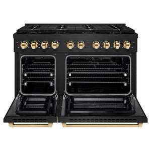 ZLINE Autograph 48" 6.7 cu. ft. Paramount Dual Fuel Range with 8 Burner DuoPro™ Cooktop and Dual Ovens in Black Stainless Steel and Polished Gold Accents, PSDRBZ-48-G