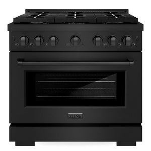 ZLINE Appliance Package - 36" Dual Fuel Range, Range Hood, 36" Refrigerator with Water/Ice Dispenser, 24" Microwave Drawer and Dishwasher in Black Stainless Steel