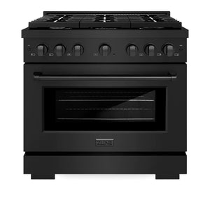 ZLINE Appliance Package - 36" Gas Range, Range Hood, 36" Refrigerator with Water/Ice Dispenser, 24" Microwave Drawer and Dishwasher in Black Stainless Steel
