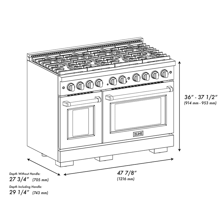 ZLINE 48" 6.7 cu. ft. Professional Gas Range with Convection Oven and 8 Burners in Black Stainless Steel, SGRB-48