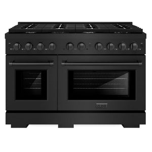 ZLINE Appliance Package - 48" Dual Fuel Range, Range Hood, 36" Refrigerator with Water/Ice Dispenser, 24" Microwave Drawer and Dishwasher in Black Stainless Steel