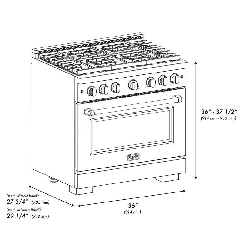 ZLINE 36" 5.2 cu. ft. Professional Gas Range with Convection Oven and 6 Brass Burners in Black Stainless Steel, SGRB-BR-36