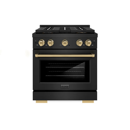 ZLINE Autograph 30" 4.2 cu. ft. Paramount Gas Range with 4 Burner DuoPro™ Cooktop and Convection Gas Oven in Black Stainless Steel and Champagne Bronze Accents, PSGRBZ-30-CB