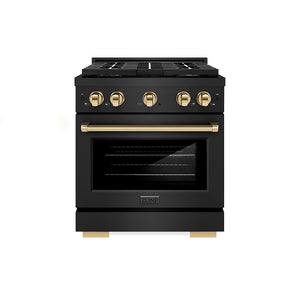 ZLINE Autograph 30" 4.2 cu. ft. Paramount Gas Range with 4 Burner DuoPro™ Cooktop and Convection Gas Oven in Black Stainless Steel and Polished Gold Accents, PSGRBZ-30-G