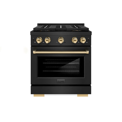 ZLINE Autograph 30" 4.2 cu. ft. Paramount Gas Range with 4 Burner DuoPro™ Cooktop and Convection Gas Oven in Black Stainless Steel and Polished Gold Accents, PSGRBZ-30-G