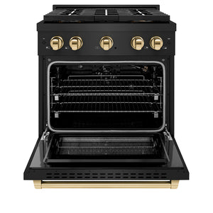 ZLINE Autograph 30" 4.2 cu. ft. Paramount Gas Range with 4 Burner DuoPro™ Cooktop and Convection Gas Oven in Black Stainless Steel and Polished Gold Accents, PSGRBZ-30-G