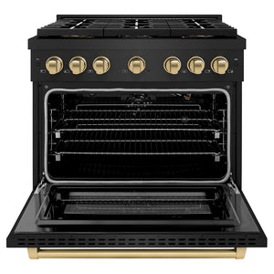 ZLINE Autograph 36" 5.2 cu. ft. Paramount Gas Range with 6 Burner DuoPro™ Cooktop and Convection Gas Oven in Black Stainless Steel and Champagne Bronze Accents, PSGRBZ-36-CB