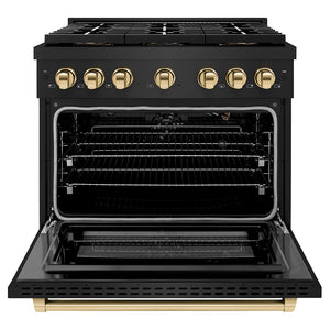 ZLINE Autograph 36" 5.2 cu. ft. Paramount Gas Range with 6 Burner DuoPro™ Cooktop and Convection Gas Oven in Black Stainless Steel and Polished Gold Accents, PSGRBZ-36-G