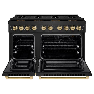 ZLINE Autograph 48" 6.7 cu. ft. Paramount Gas Range with 8 Burner DuoPro™ Cooktop and Dual Ovens in Black Stainless Steel and Champagne Bronze Accents, PSGRBZ-48-CB