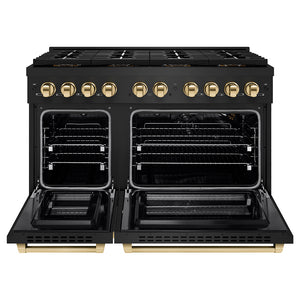 ZLINE Autograph 48" 6.7 cu. ft. Paramount Gas Range with 8 Burner DuoPro™ Cooktop and Dual Ovens in Black Stainless Steel and Polished Gold Accents, PSGRBZ-48-G