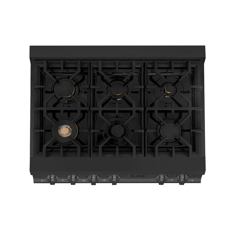 ZLINE 36 in. Rangetop with 6 Gas Brass Burners in Black Stainless Steel, RTB-BR-36