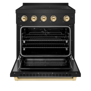 ZLINE Autograph Edition 30" 4.2 cu. ft. Paramount Induction Range with 4 Element Cooktop and Electric Convection Oven in Black Stainless Steel with Polished Gold Accents, SINRBZ-30-G