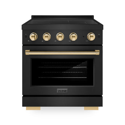 ZLINE Autograph Edition 30" 4.2 cu. ft. Paramount Induction Range with 4 Element Cooktop and Electric Convection Oven in Black Stainless Steel with Polished Gold Accents, SINRBZ-30-G