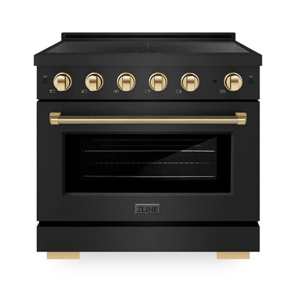 ZLINE Autograph Edition 36" 5.2 cu. ft. Paramount Induction Range with 5 Element Cooktop and Electric Convection Oven in Black Stainless Steel with Polished Gold Helix Handle and Knob Accents, SINRBZ-36-KG