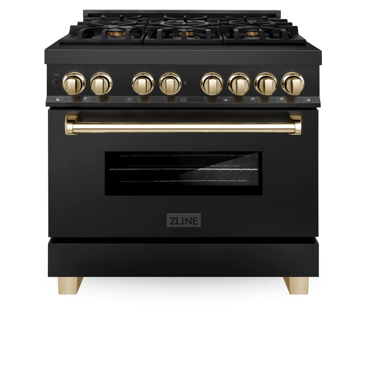 ZLINE Autograph 36 in. Gas Burner/Electric Oven Range in Black Stainless Steel with Gold Accents, RABZ-36-G