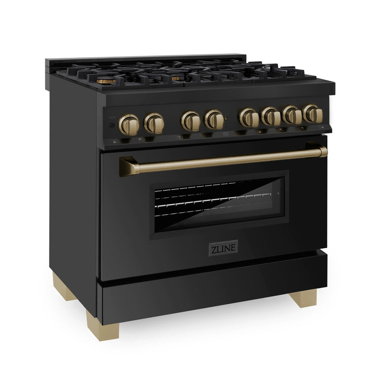 ZLINE Kitchen and Bath Autograph 36 in. Gas Burner/Electric Oven Range in Black Stainless Steel with Champagne Bronze Accents, RABZ-36-CB