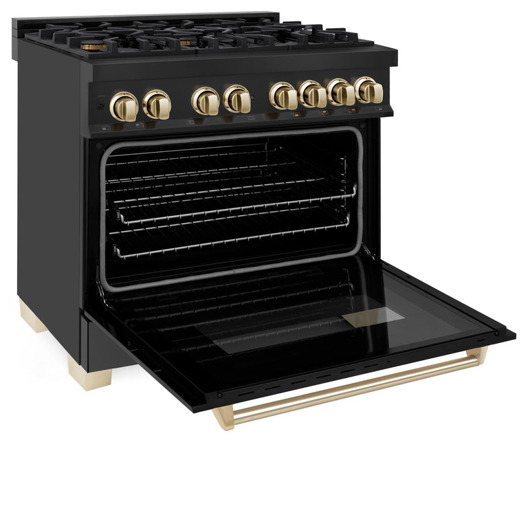 ZLINE Autograph 36 in. Gas Burner/Electric Oven Range in Black Stainless Steel with Gold Accents, RABZ-36-G