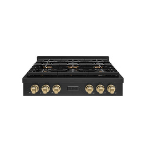 ZLINE Autograph 36" Paramount Gas Rangetop with 6 Burner DuoPro™ Cooktop in Black Stainless Steel and Champagne Bronze Accents, PSRTBZ-36-CB
