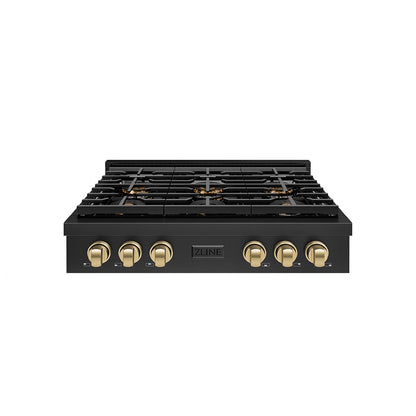 ZLINE Autograph 36" Paramount Gas Rangetop with 6 Burner DuoPro™ Cooktop in Black Stainless Steel and Champagne Bronze Accents, PSRTBZ-36-CB