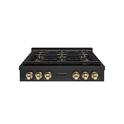 ZLINE Autograph 36" Paramount Gas Rangetop with 6 Burner DuoPro™ Cooktop in Black Stainless Steel and Polished Gold Accents, PSRTBZ-36-G