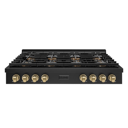 ZLINE Autograph 48" Paramount Gas Rangetop with 8 Burner DuoPro™ Cooktop in Black Stainless Steel and Champagne Bronze Accents, PSRTBZ-48-CB