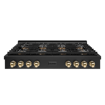 ZLINE Autograph 48" Paramount Gas Rangetop with 8 Burner DuoPro™ Cooktop in Black Stainless Steel and Polished Gold Accents, PSRTBZ-48-G