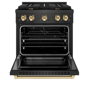 ZLINE Autograph 30" 4.2 cu. ft. Paramount Dual Fuel Range with 4 Burner Gas Cooktop in Black Satin with Gold Accents, SDRBSZ-30-G