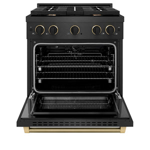 ZLINE Designer 30" 4.2 cu. ft. Dual Fuel Range with 4 Burner Gas Cooktop in Black Satin with Black and Champagne Accents, SDRBSZ-30-MBCB