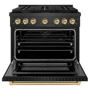 ZLINE Autograph 36" 5.2 cu. ft. Paramount Dual Fuel Range with 6 Burner Gas Cooktop in Black Satin with Champagne Accents, SDRBSZ-36-CB