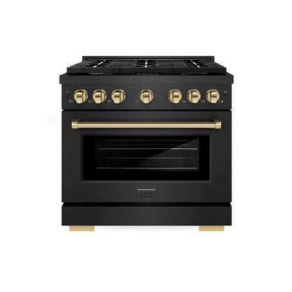 ZLINE Autograph 36" 5.2 cu. ft. Paramount Dual Fuel Range with 6 Burner Gas Cooktop in Black Satin with Gold Accents, SDRBSZ-36-G