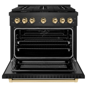 ZLINE Autograph 36" 5.2 cu. ft. Paramount Dual Fuel Range with 6 Burner Gas Cooktop in Black Satin with Gold Accents, SDRBSZ-36-G
