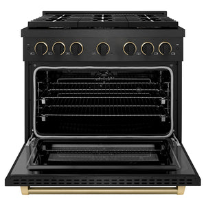 ZLINE Designer 36" 5.2 cu. ft. Dual Fuel Range with 6 Burner Gas Cooktop in Black Satin with Black and Champagne Accents, SDRBSZ-36-MBCB