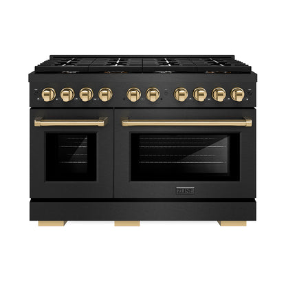 ZLINE Autograph 48" 6.7 cu. ft. Paramount Dual Fuel Range with 8 Burner Gas Cooktop in Black Satin and Gold Accents, SDRBSZ-48-G