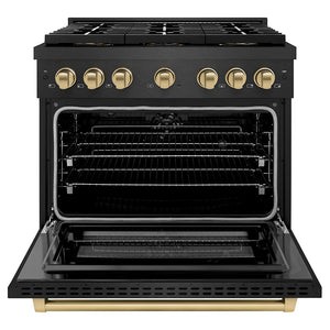 ZLINE Autograph 36" 5.2 cu. ft. Paramount Dual Fuel Range with 6 Burner DuoPro Cooktop in Black Satin and Champagne Accents, PSDRBSZ-36-CB