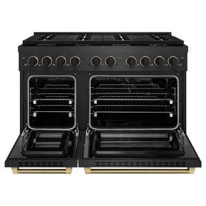 ZLINE Designer 48" 6.7 cu. ft. Dual Fuel Range with 8 Burner DuoPro Cooktop in Black Satin with Black and Champagne Accents, PSDRBSZ-48-MBCB
