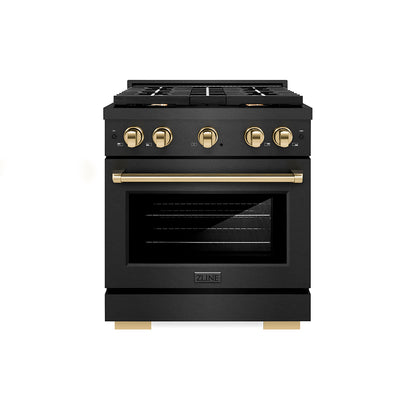 ZLINE Autograph 30" 4.2 cu. ft. Paramount Gas Range with 4 Burner Cooktop Oven in Black Satin and Gold Accents, SGRBSZ-30-G