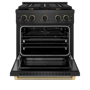 ZLINE Designer 30" 4.2 cu. ft. Paramount Gas Range with 4 Burner Cooktop in Black Satin with Black and Champagne Accents, SGRBSZ-30-MBCB