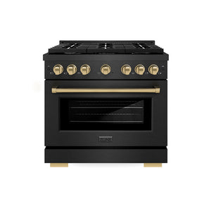 ZLINE Autograph 36" 5.2 cu. ft. Paramount Gas Range with 6 Burner Cooktop in Black Satin and Champagne Accents, SGRBSZ-36-CB