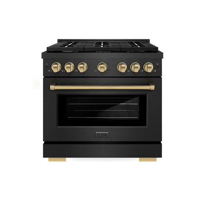 ZLINE Autograph 36" 5.2 cu. ft. Paramount Gas Range with 6 Burner Cooktop in Black Satin and Champagne Accents, SGRBSZ-36-CB