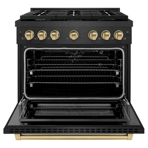 ZLINE Autograph 36" 5.2 cu. ft. Paramount Gas Range with 6 Burner Cooktop in Black Satin and Champagne Accents, SGRBSZ-36-CB