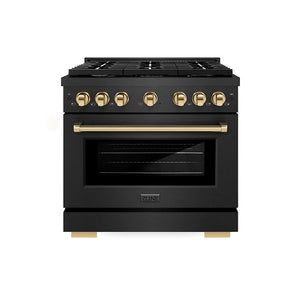 ZLINE Autograph 36" 5.2 cu. ft. Gas Range with 6 Burner Cooktop and Convection Gas Oven in Black Satin and Gold Accents, SGRBSZ-36-G