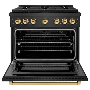 ZLINE Autograph 36" 5.2 cu. ft. Gas Range with 6 Burner Cooktop and Convection Gas Oven in Black Satin and Gold Accents, SGRBSZ-36-G